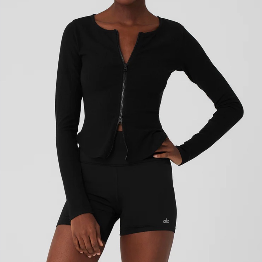 NWT Black Alo Yoga Stardust Ribbed Corset Cropped Zip Jacket Long Sleeve XS S